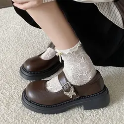 Mary Jane Shoes Women's 2024 New Metal butterfly buckle Lolita Shoes Trendy Small Leather Shoes Academy girl retro brown pumps