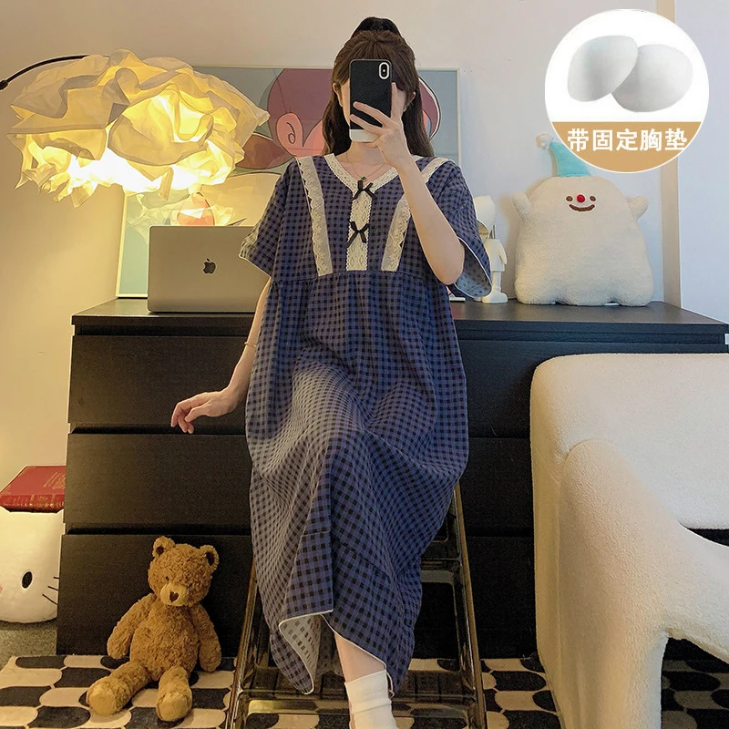 Women'S Summer Nightgown, Cloud Cotton Short-Sleeve Plaid Long With Chest Pads, Casual And Loose-Fitting Ins Home Dress view 3