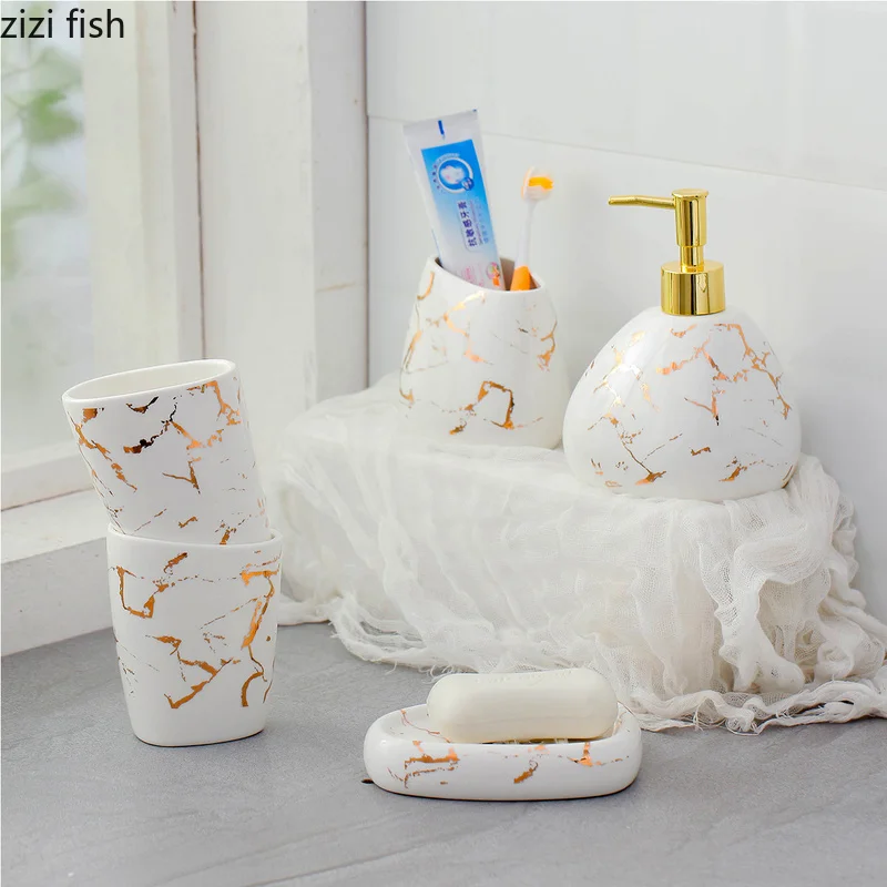 6/7pcs set Gold marble ceramics Bathroom Accessories Set Soap Dispenser/Toothbrush Holder/Tumbler/Soap Dish Bathroom Products