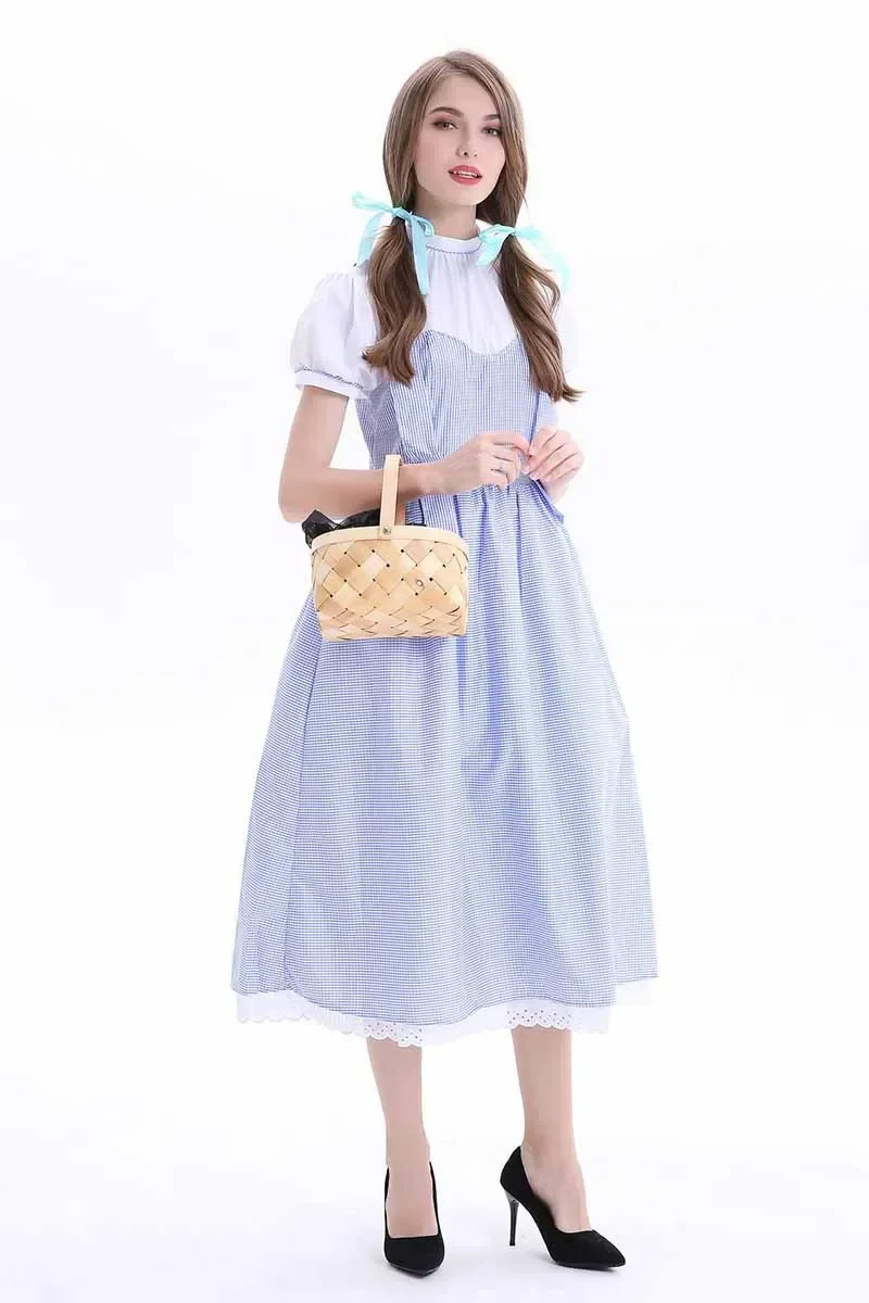 Halloween Womens Adult Fairytale Character Blue Gingham Maid Dress Outfit Cosplay Gingham Maid Dress Costumes