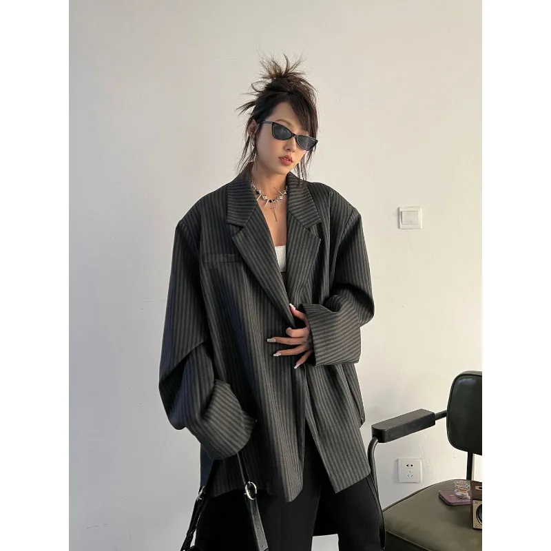 

Autumn New Fashionable British Lazy Style Casual Coat Loose and Slimming Retro Gray Striped Suit Jacket Female Clothing