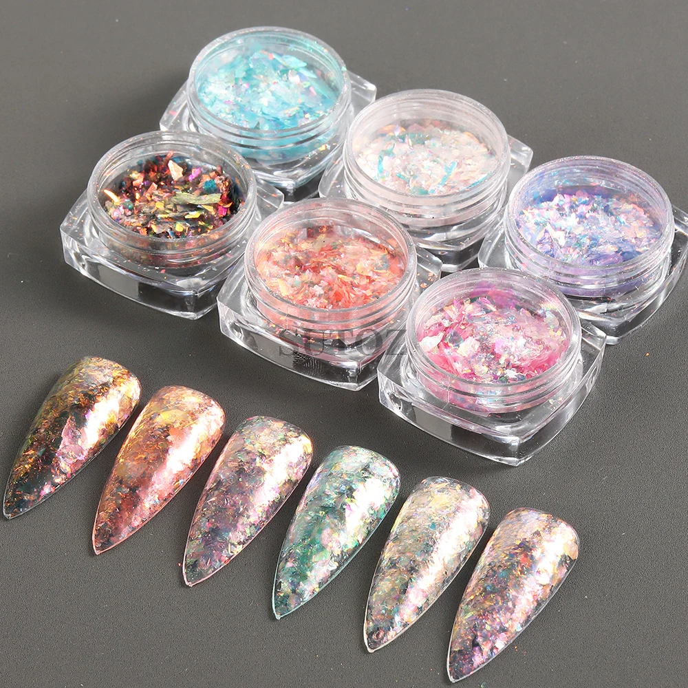 2 Boxes Shiny Mermaid Opal Powder Chunky Nail Glitter Iridescent Pink Purple Chameleon Pigment Yuki Flakes Manicure Paillettes