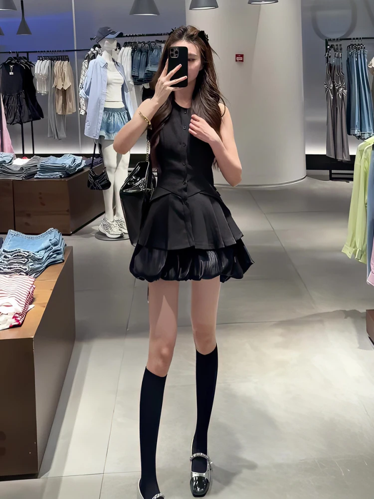 

Spicy Girl Fashion Set Women's Sleeveless Slim Fit Vest Puffy Flower Short Skirt Two Piece Set Summer New Arrival