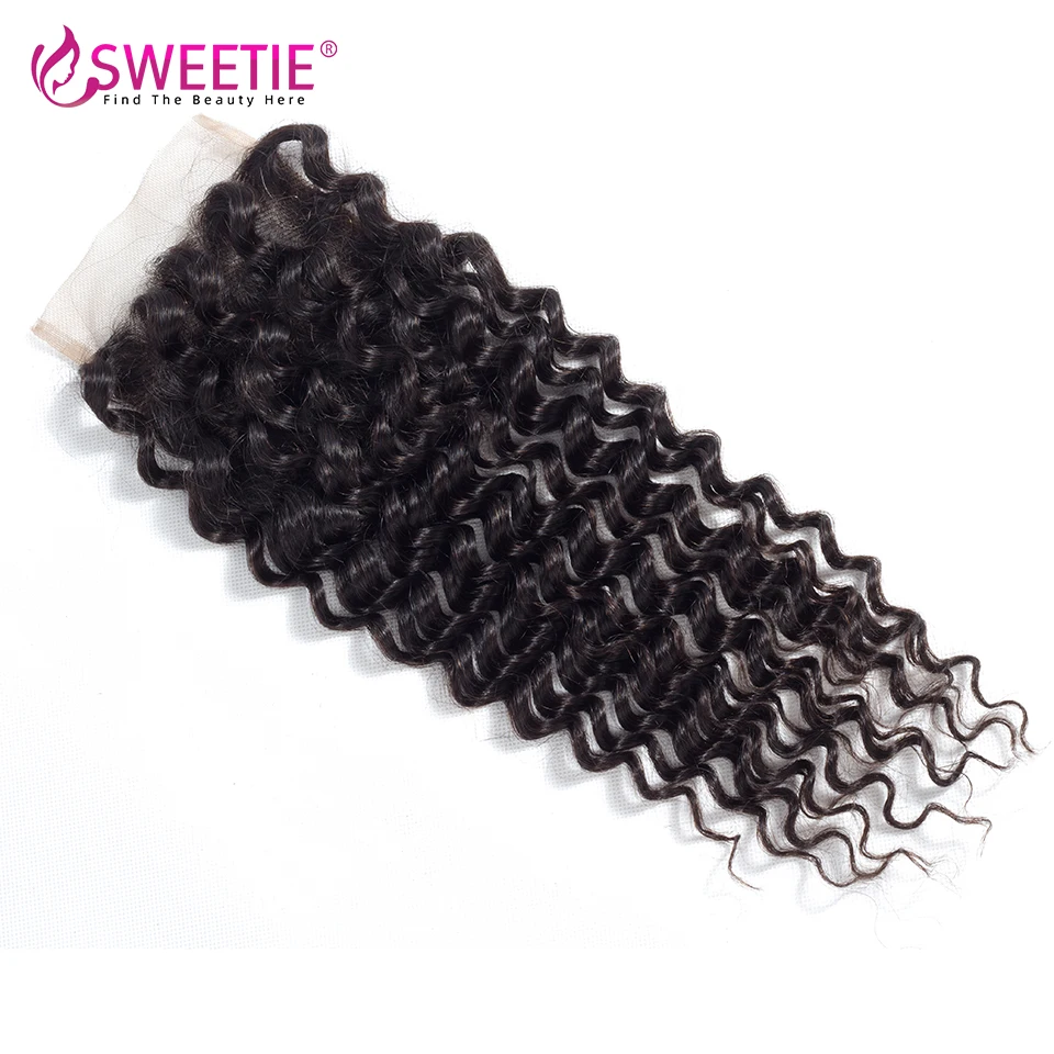 4x4 Deep Wave Closure 100% Human Hair Lace Closure Natural Color Remy Hair Extensions Brazilian Transparent Lace Frontal