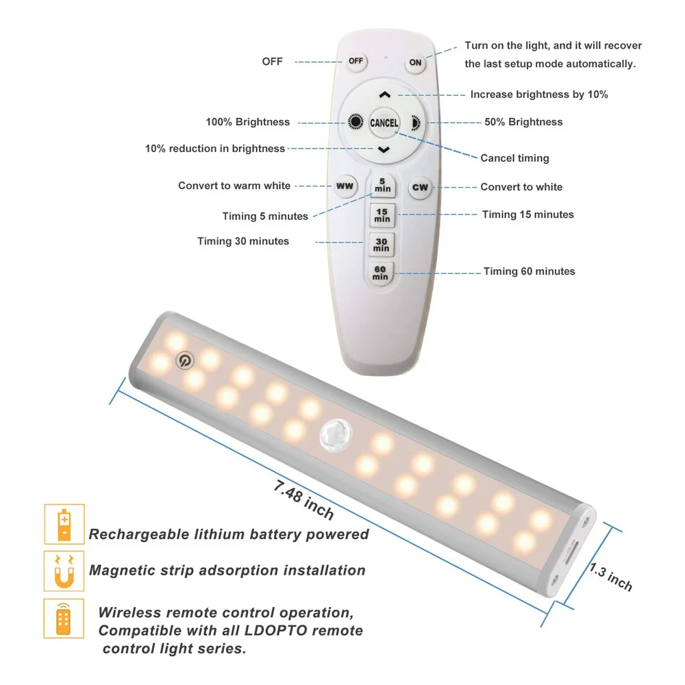 Remote Controller 20 Leds Wireless Under Cabinet Light Touch Sensor Closet Lamp 3 Colors Changing Dimmable for Kitchen,Wardrobe