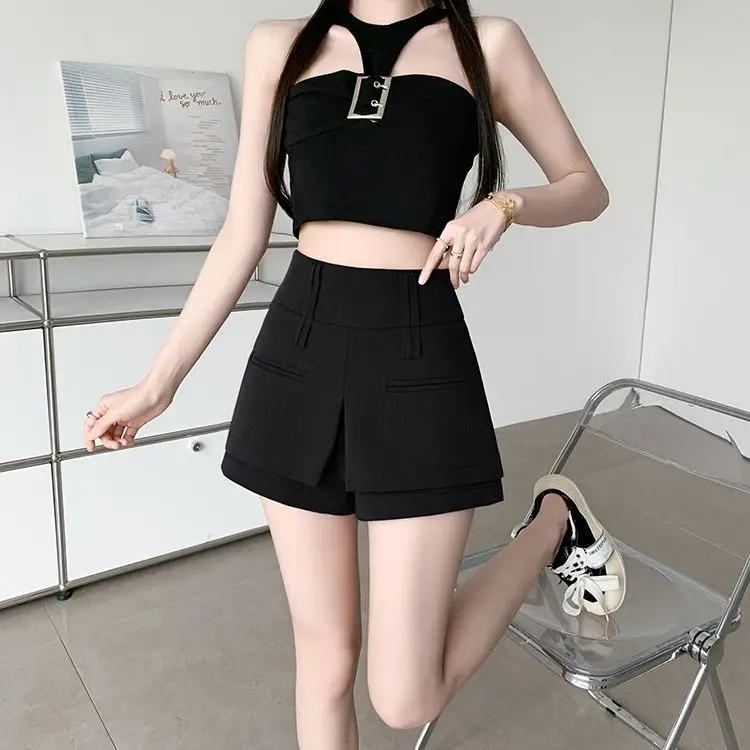 Summer New Solid Color High Waisted Fake Two-Piece Skirt Pants for Women, Elegant and Fashionable British Style Slim Fit Shorts
