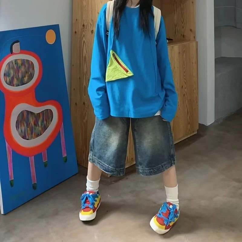 Weibliche Sommer Neue Casual Streetwear Denim Shorts Y2K Retro Baggy Gewaschen Jeans Frauen Amerikanischen Hohe Taille Breite Bein Capri Hosen