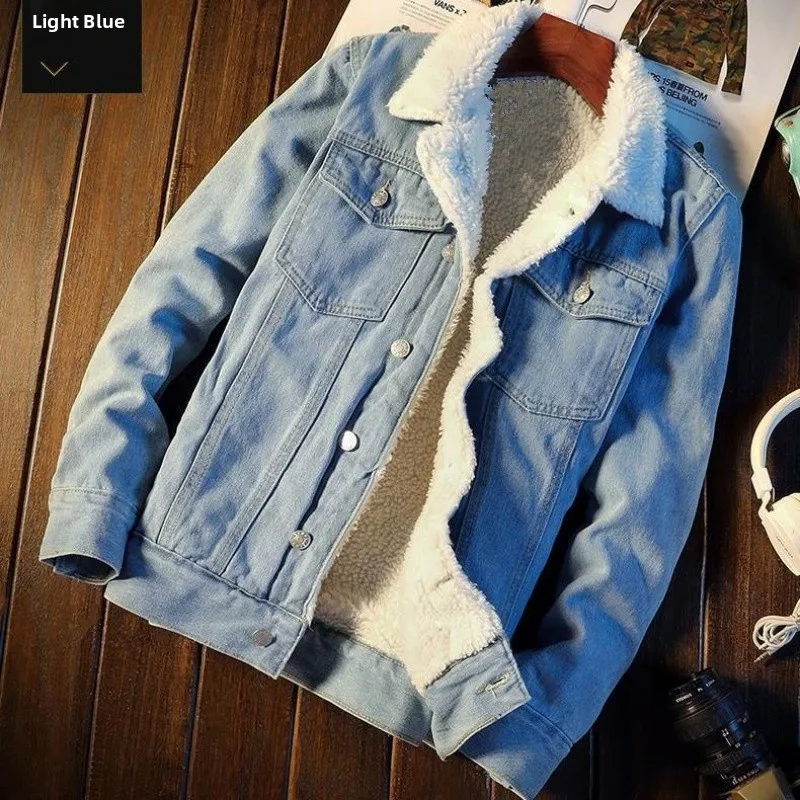 

Men's Fce Lined Denim Jaet Thi Warm Autumn Winter Sle Loose Large Size Cotton Coat with kets And Collar