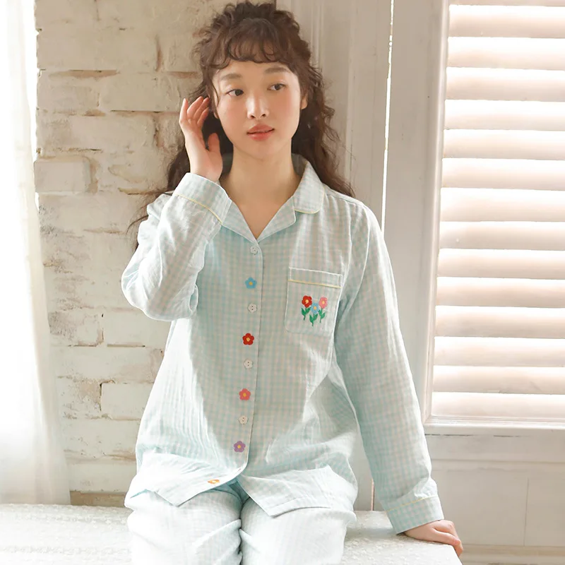 Korean New Pijama Mujer Women's Pajamas Set Long Sleeve Pant Sleepwear Autumn Winter 100% Cotton Nightwear Suit Home Clothes