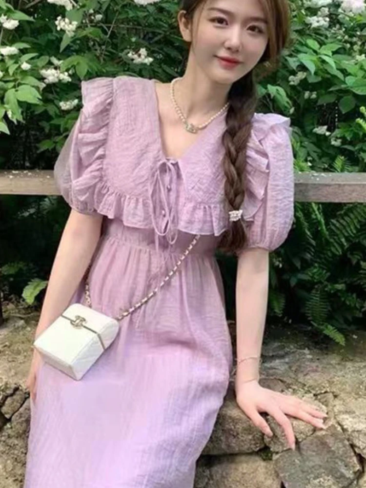 Purple Dresses Women Sweet Preppy Style Ruffles Design French Version Gentle Temperament V-neck Casual Simple Retro Prairie Chic