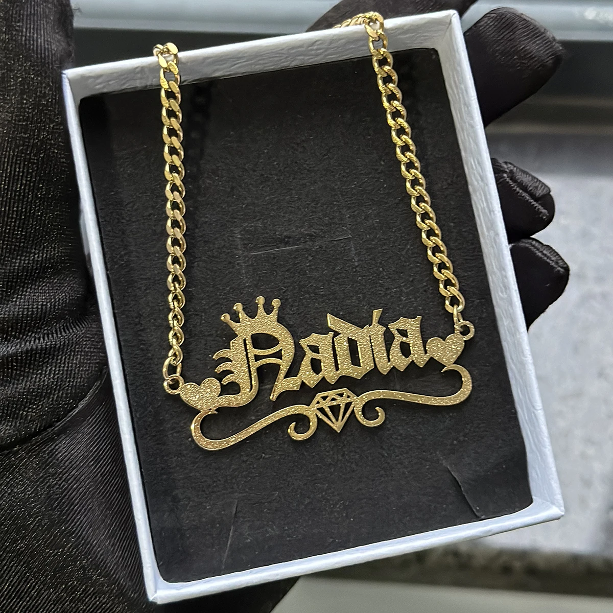 

Original New Customized Necklace Stainless Steel Frosted Name Necklace Cuban Chain Crown Heart Cream Nameplate Necklace Women's