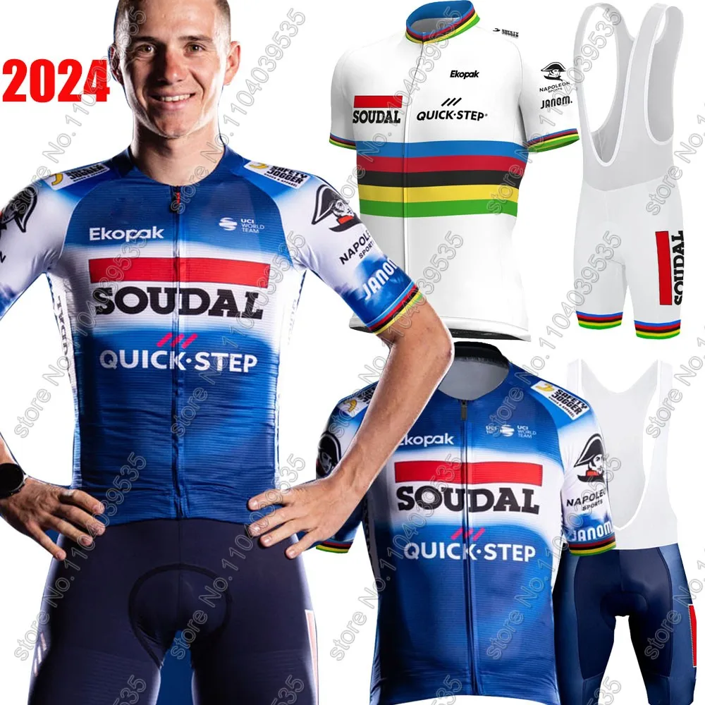 2024 Soudal Quick Step Cycling Jersey World Champion Set Men France Tour Cycling Clothing Road Bike Shirt Suit Bicycle Bib Pants