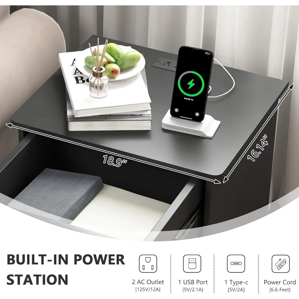 Contemporary Charging Nightstand with USB-C Ports and Power Outlets, Spacious Drawer Side Table for Bedside Use