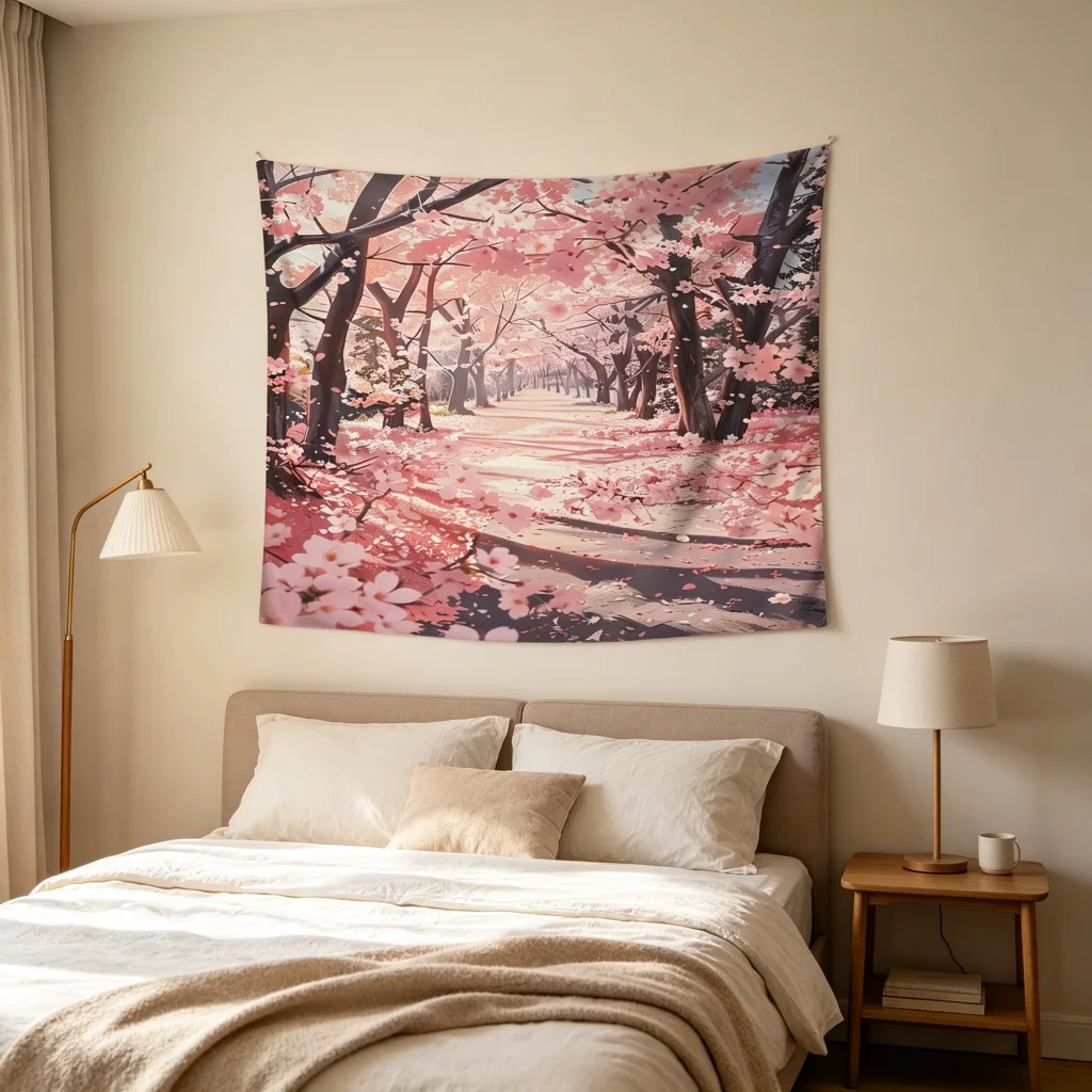 1PC Cherry Blossom Path Print Backdrop Banner, Bedroom Photo Background, Polyester Wall Hanging, Home Decor, Wall Art