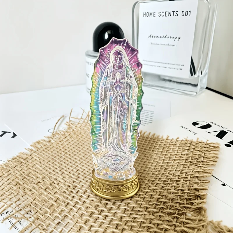 Transparent Iridescent Our Lady of Guadalupe Figurine, Rainbow Shimmer Virgin Mary Statue, Catholic Religious Altar Desktop Deco
