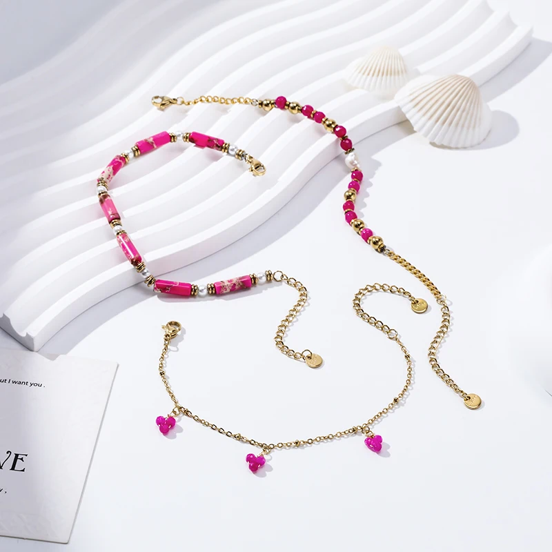 Ins Trendy Jewelry Natural Stone Freshwater Pearl Bracelet Stainless Steel Gold Plated Chain Pendant Rose Bracelet For Women