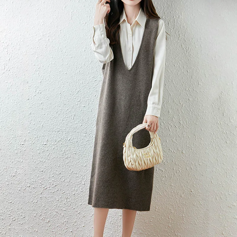 

Осенне-зимнее платье без рукавов из 100% чистой шерсти, женский длинный вязаный кашемировый жилет длиной до колена, длинная юбка