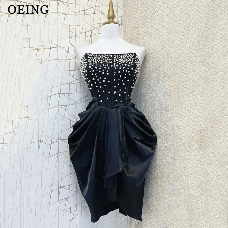 

OEING Black Short Prom Dress Simple Strapless Pleated Zipper Homecoming Dresses Shiny Special Occasion Gowns Vestidos De Festa