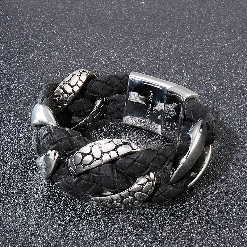 Cowhide Woven Bracelet For Men, Wide and Domineering Stainless Steel Punk Chain Bracelet Accessory