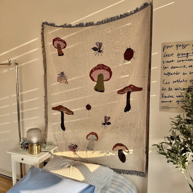 

Bohemian Mushroom Tapestry | Neutral Beige Vintage Bedspread | Jacquard Sofa Throw for Living Room & Bedroom | All-Season Decor