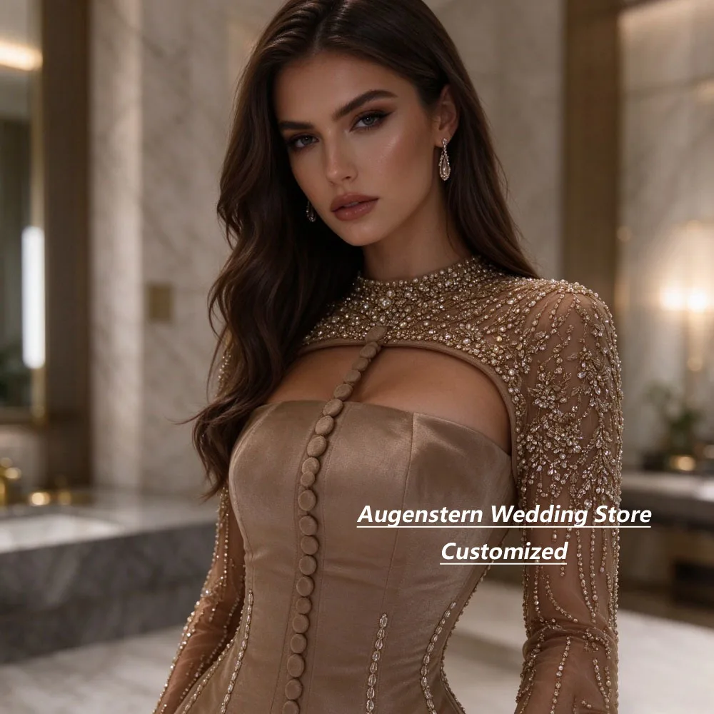Customized s Two Piece Beaded Tulle Long Sleeve Satin Mermaid Mother of the Bride DresseCutout Formal Wedding Guest Dress