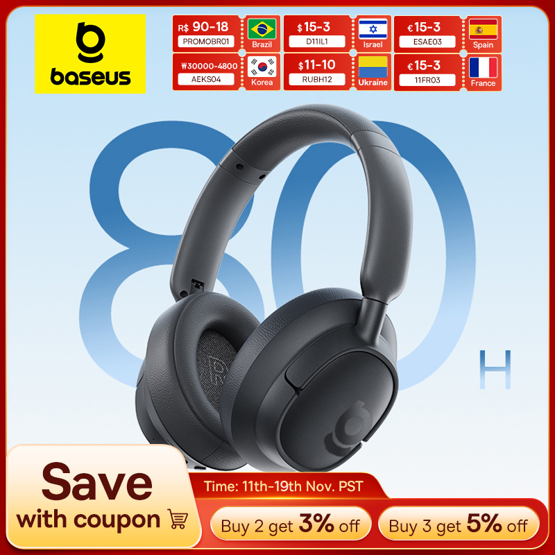  Baseus Bass BH1 Wireless Headphones Bluetooth 6.0 SuperBass 2.0 Over Ear Headset ENC Clear Calls 80hours Playtime Earphones 