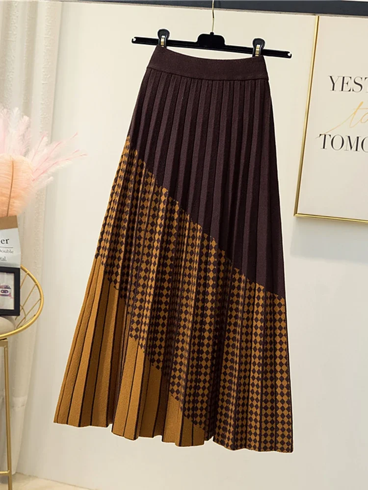 Contrast Plaid Knitted Midi Long Skirt for Women 2024 Fall Winter Vintage Soft Warm High Waist Pleated Skirt Female Lady Z363