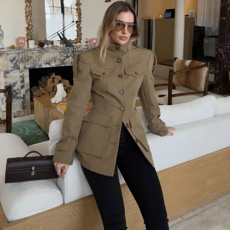 

Элегантный универсальный винтажный плащ цвета хаки для работы для женщин с воротником-стойкой, однобортный дизайн, женская тонкая куртка