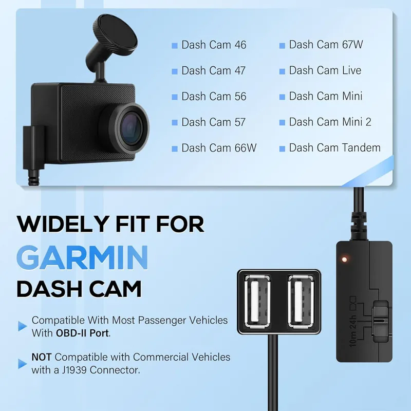 010-12530-23 Constant Power Cable for Garmin Dash Cam 46, 47, 56, 57, 66W, 67W, Mini, Mini 2, Tandem, Fits Vehicle's OBD-II Port