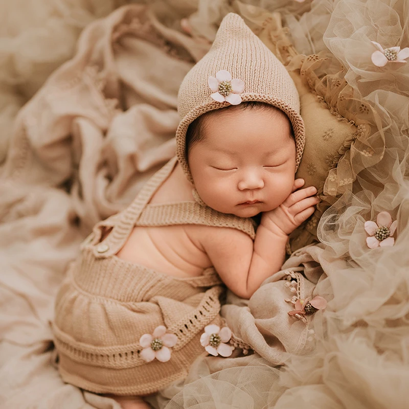 Newborn Photography Accessories Baby Boy Backless Jumpsuit + Knitted Hat Set Baby Posing Mesh Pillow Soft Wrap Baby Photo Props