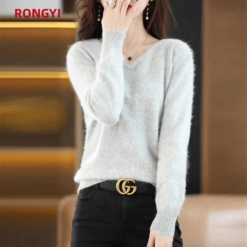 RONGYI 100% Mink Cashmere Women\'s V-neck Pullover Sweater Autumn and Winter Keep Warm Casual Knitting Basic Fashion Large Top