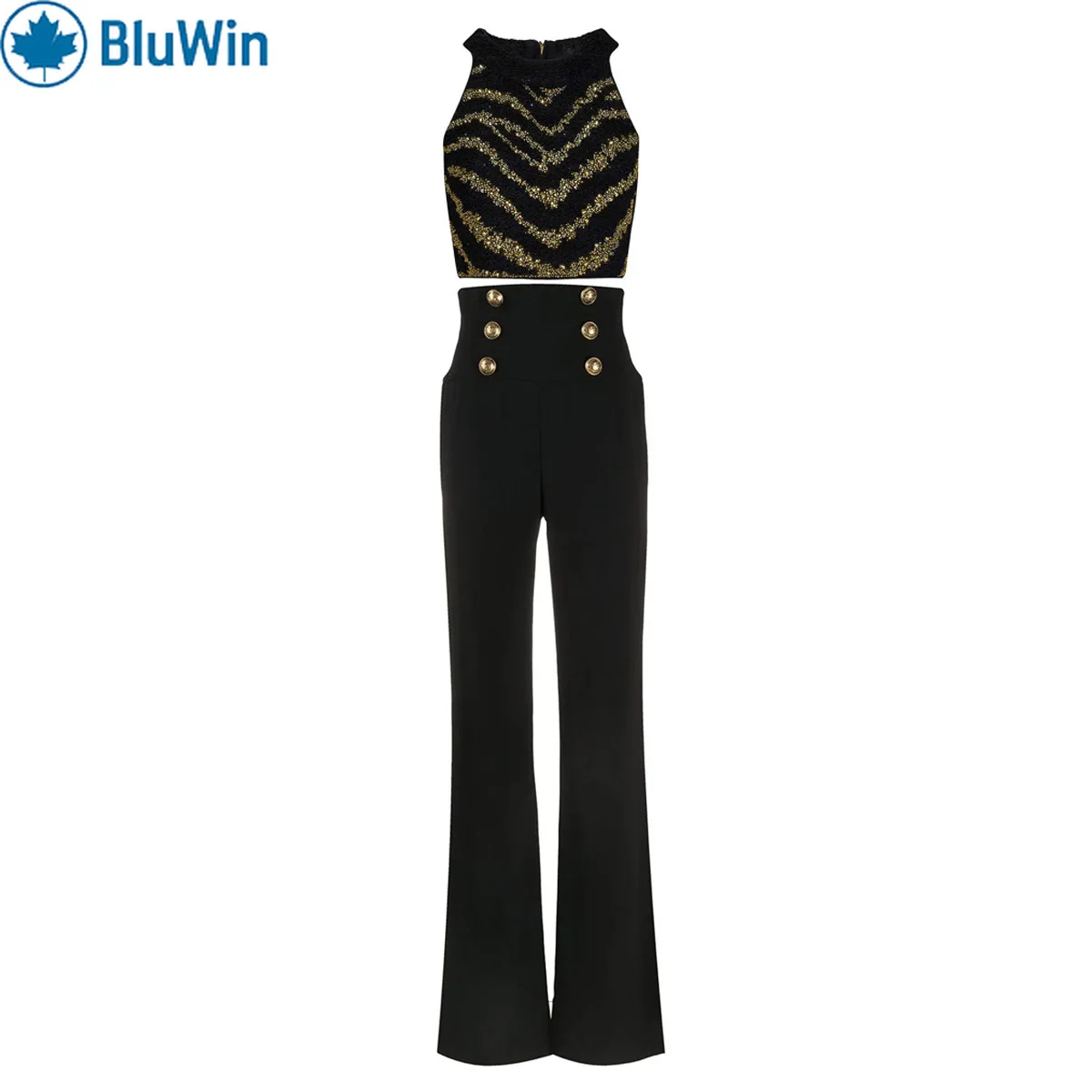 

BluWin Bold Zebra Print Top & High-Waisted Flared Trousers – Elegant and Statement-Making Jumpsuit for Sophisticated Women
