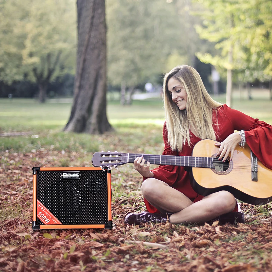 Coolmusic BP80 Powered 100W Acoustic Guitar Amplifier w Chorus Reverb Effect Portable Bluetooth Speaker 6 Input 3 Band EQ Orange