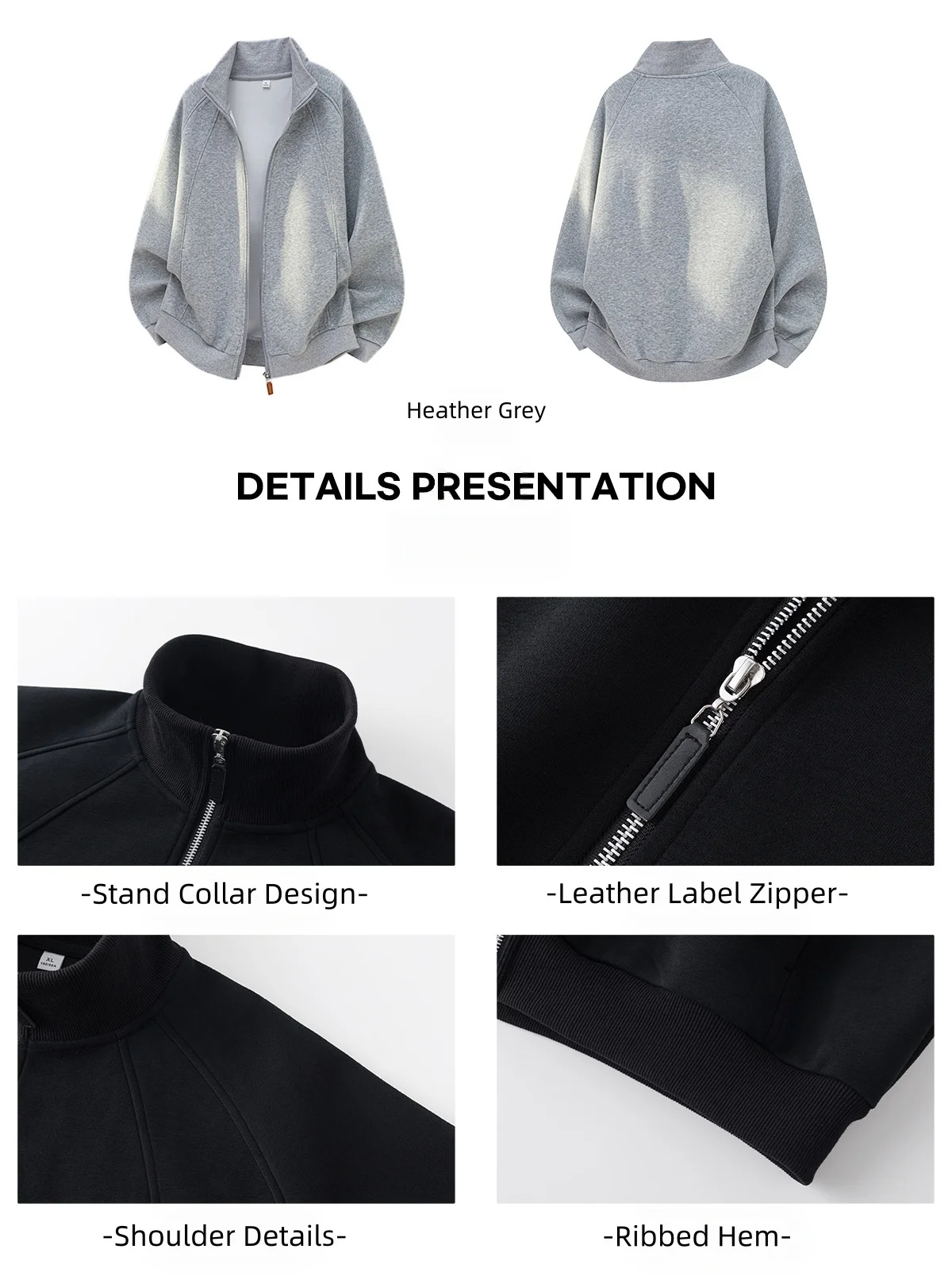 Patchwork Heavyweight Cardigan, Stand-Up Collar Sweatshirt Men Solid Loose-Fit Sports Casual Jacket Soft Durable