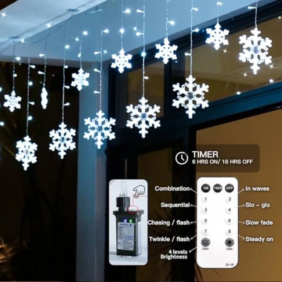 Christmas Snowflake Lights Outdoor 10.7ft Connectable Holiday String Lights Plug in with 14 Drops Hanging Icicle Lights for Out