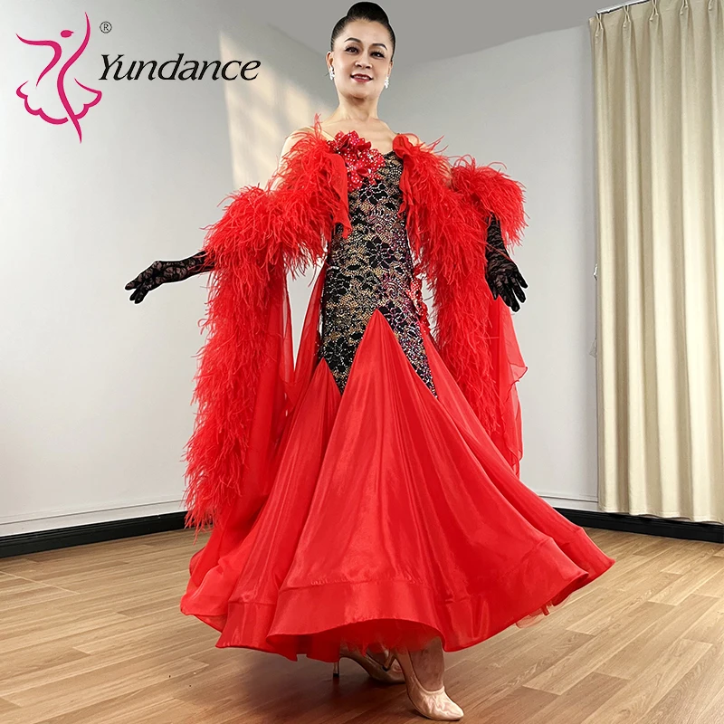 B-25118 Yundance Ballroom Dance Dress Women Adult Competition Stage Waltz Lyrical Modern Costume Rhinestone Red Satin Chiffon