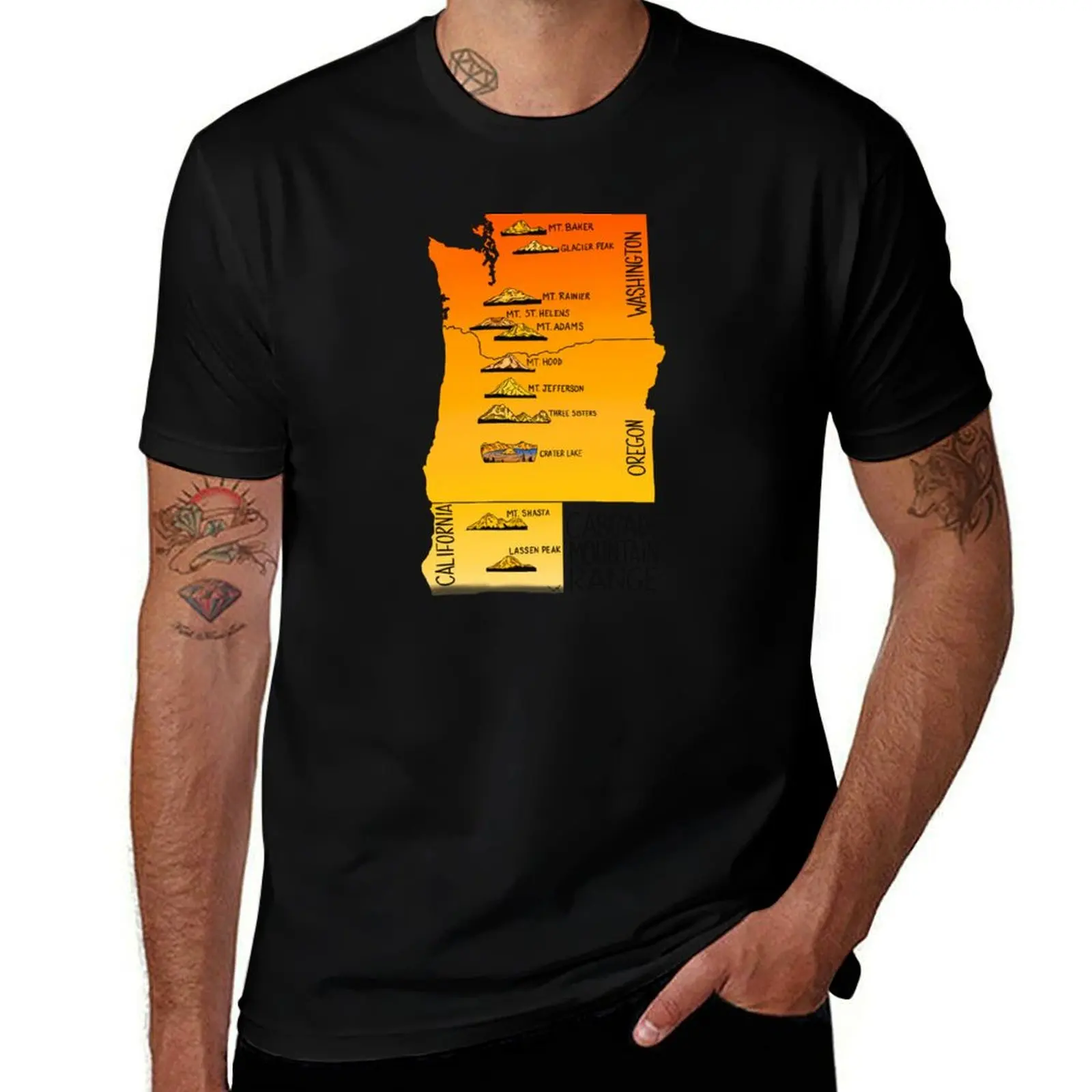 Cascade Range - Mt Baker, Glacier Peak, Mt Rainier, Mt St Helens, Adams, Hood, Jefferson, Three Sisters, Crater Lake, Sh T-Shirt