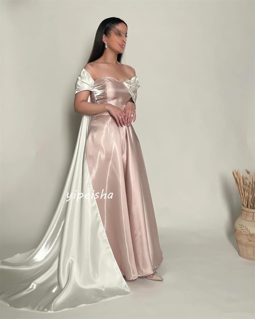 Prom Dress Avond Satijn Lovertjes Kralen Ruches Valentijnsdag A-Line Off-The-Shoulder Op Maat Gemaakte Gelegenheidsjurk Lange Jurken