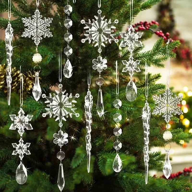 10/5Pcs Acrylic Snowflake Simulation Ice Pendants Xmas Tree Hanging Ornament 2024 Christmas Home Decorations New Year Gift 2025