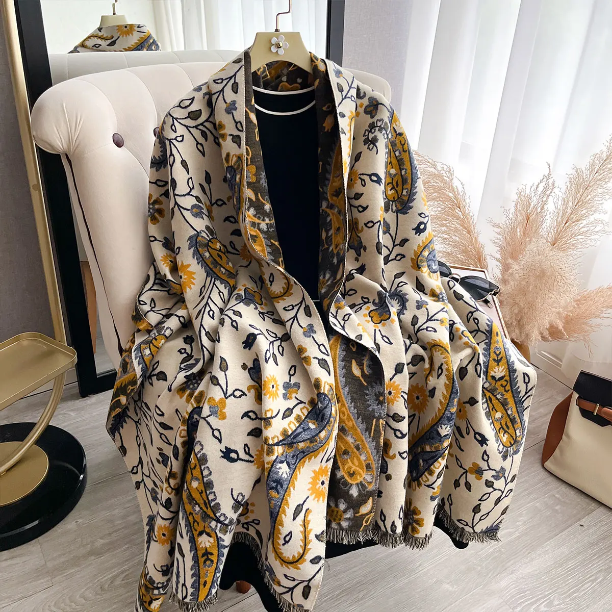 

Женские двусторонние жаккардовые шарфы премиум-класса из искусственного кашемира с узором пейсли, роскошная зимняя шаль с запахом, высококачественная шерстяная пашмина 2025 г.