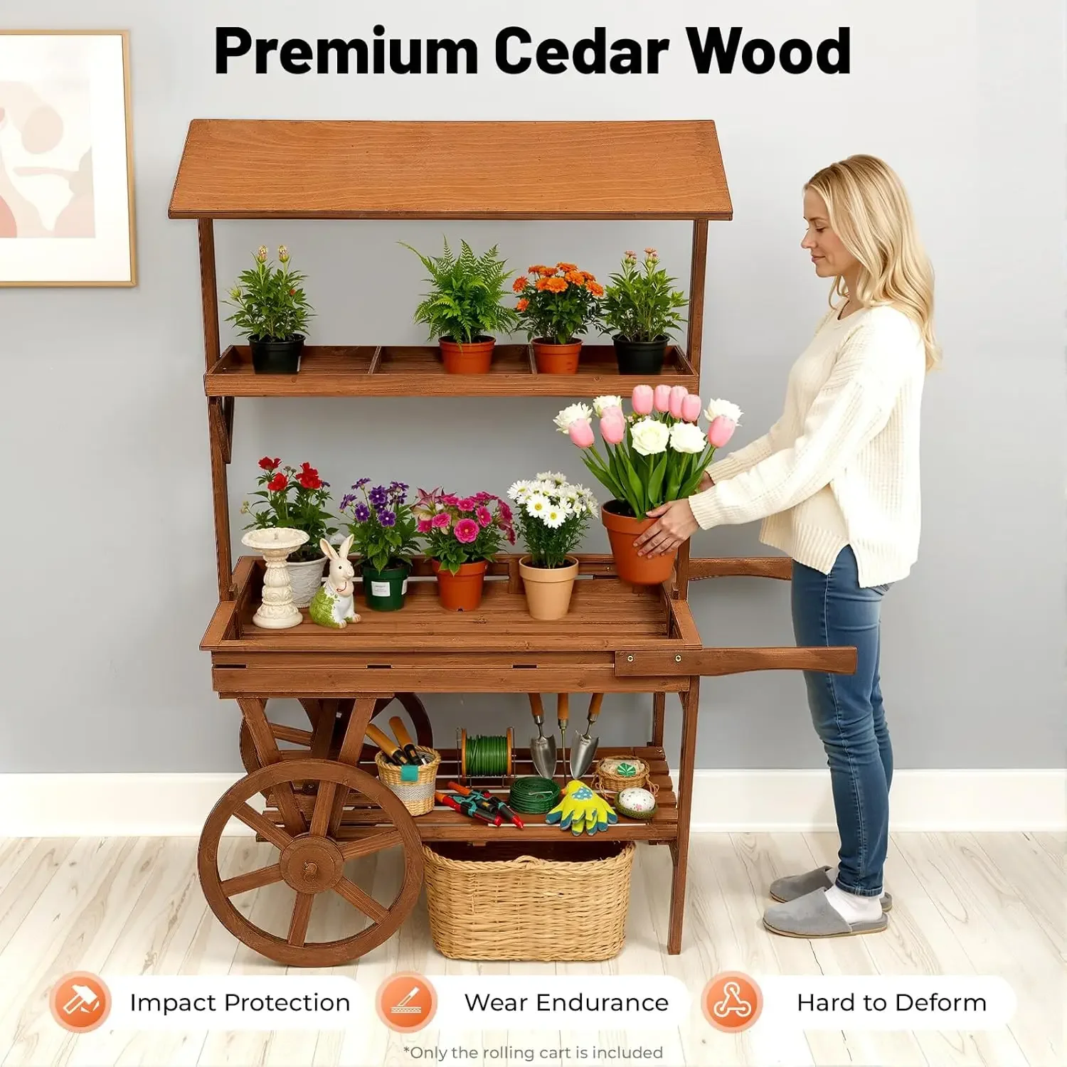 Wooden Rolling 3 Tier Table Cart 2 Wheels Flower Candy Market Display Stand