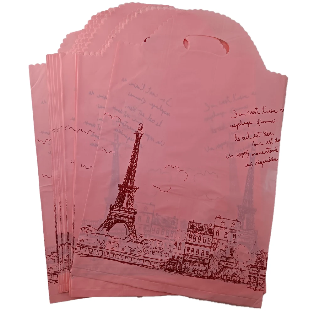 Pink Eiffel Tower plastic shopping bag Girl poly Die-cut poly bag fashion Gift package bag poly tote bag for Jewelry Underwear