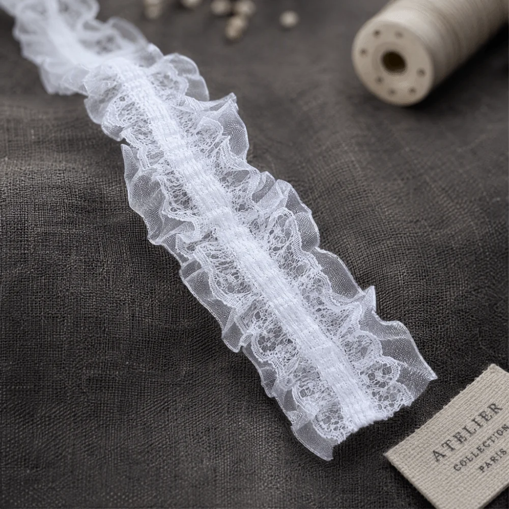 Handmade 4cm Wide Pleated Lace Trim Elastic White Black Embroidery Lace Fabric Pleated Band 1 Yards Ruffle Mesh Lace For Wedding