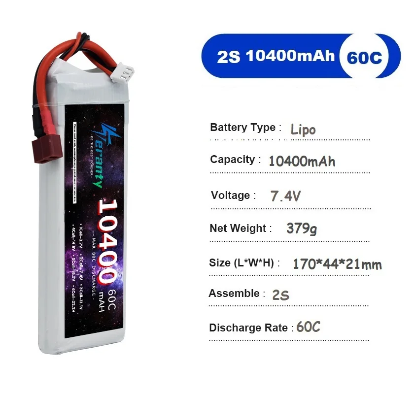 10400MAH Battery 7.4V 2S LiPo Battery XT60 XT90 Plug For RC Drone Car Airplane Helicopter High Power Toy Accessories 60C