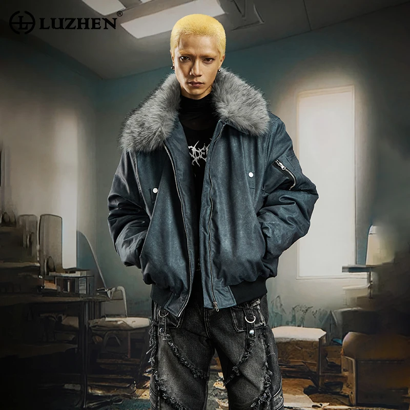 

LUZHEN Original Luxury Fur Collar Solid Color Warm Leather Jacket Men Trendy 2025 Winter High Quality Elastic Cuffs Coat JY4959