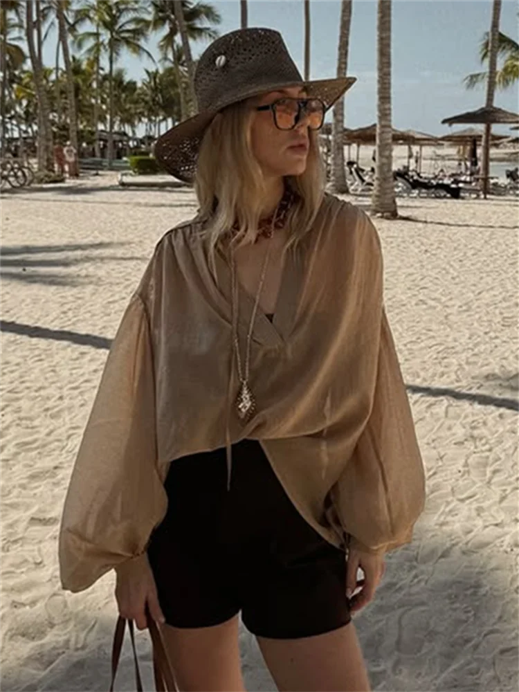 

Commute V-Neck Bubble Sleeves Shirt Woman Lace Up Pleats Solid Color Loose Top Casual Versatile Women's Fashion Baggy New Shirts