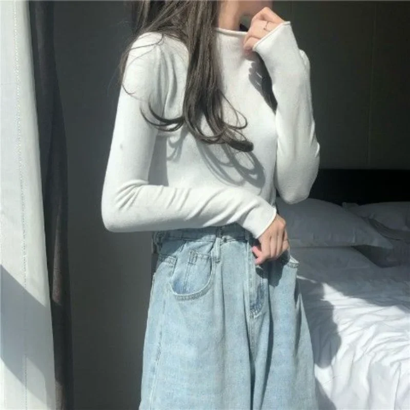 Pullovers Women Half High Collar Stylish Candy Colors Solid Inside Casual Long Sleeve Ulzzang Student Tender Autumn All-match