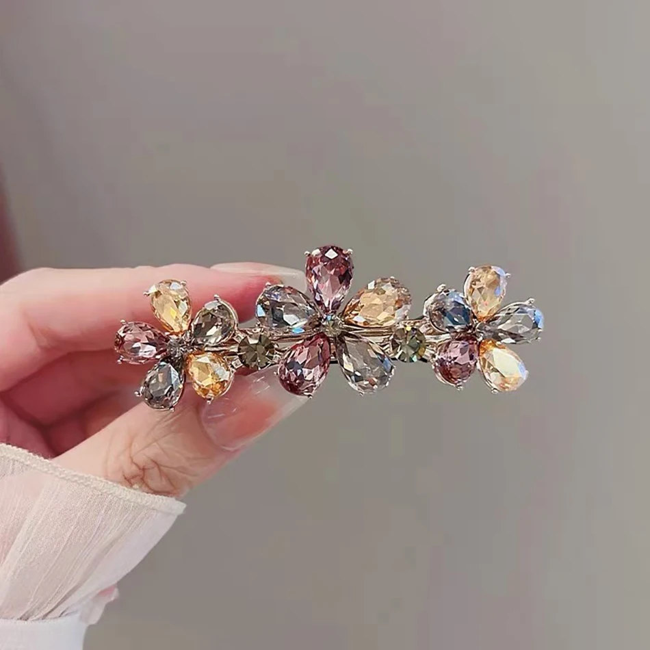 Koreanischen Stil High-end Multi-farbe Kristall Blume Haarnadel frauen Hinterkopf Halb-gebunden Frühling Clip elegante Legierung Kopfbedeckung – Detail 1