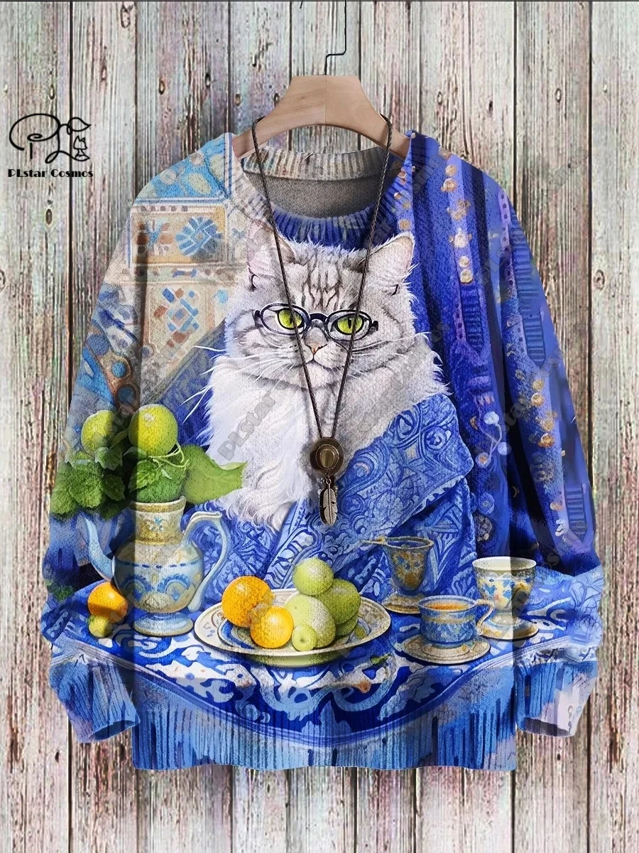 PLstar Cosmos new 3D printed animal series cat pattern ugly sweater street fun casual winter sweater M-5