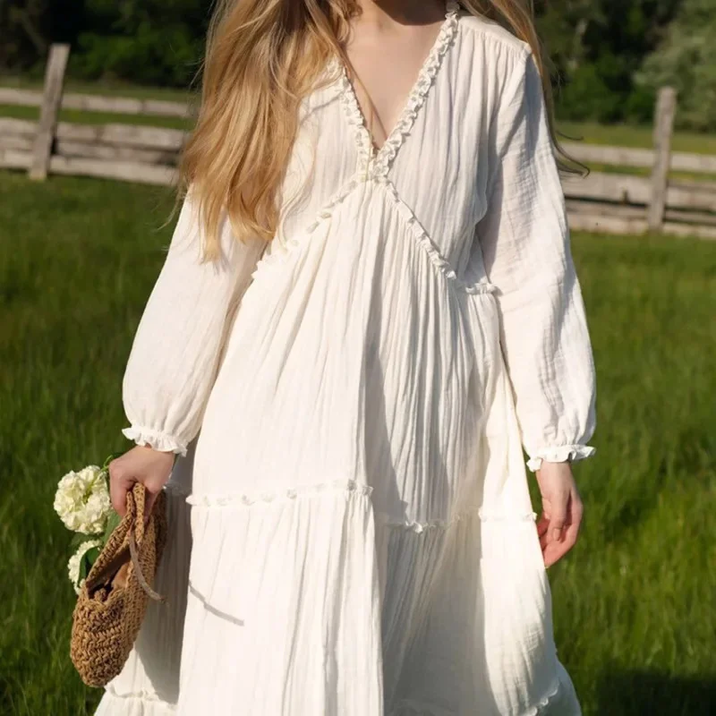 

Elegant Solid Color Cotton High Waisted Dress Chic V-Neck Ruffle Trim Pleated Skirt New Fashionable Women's Casual Long Skirt